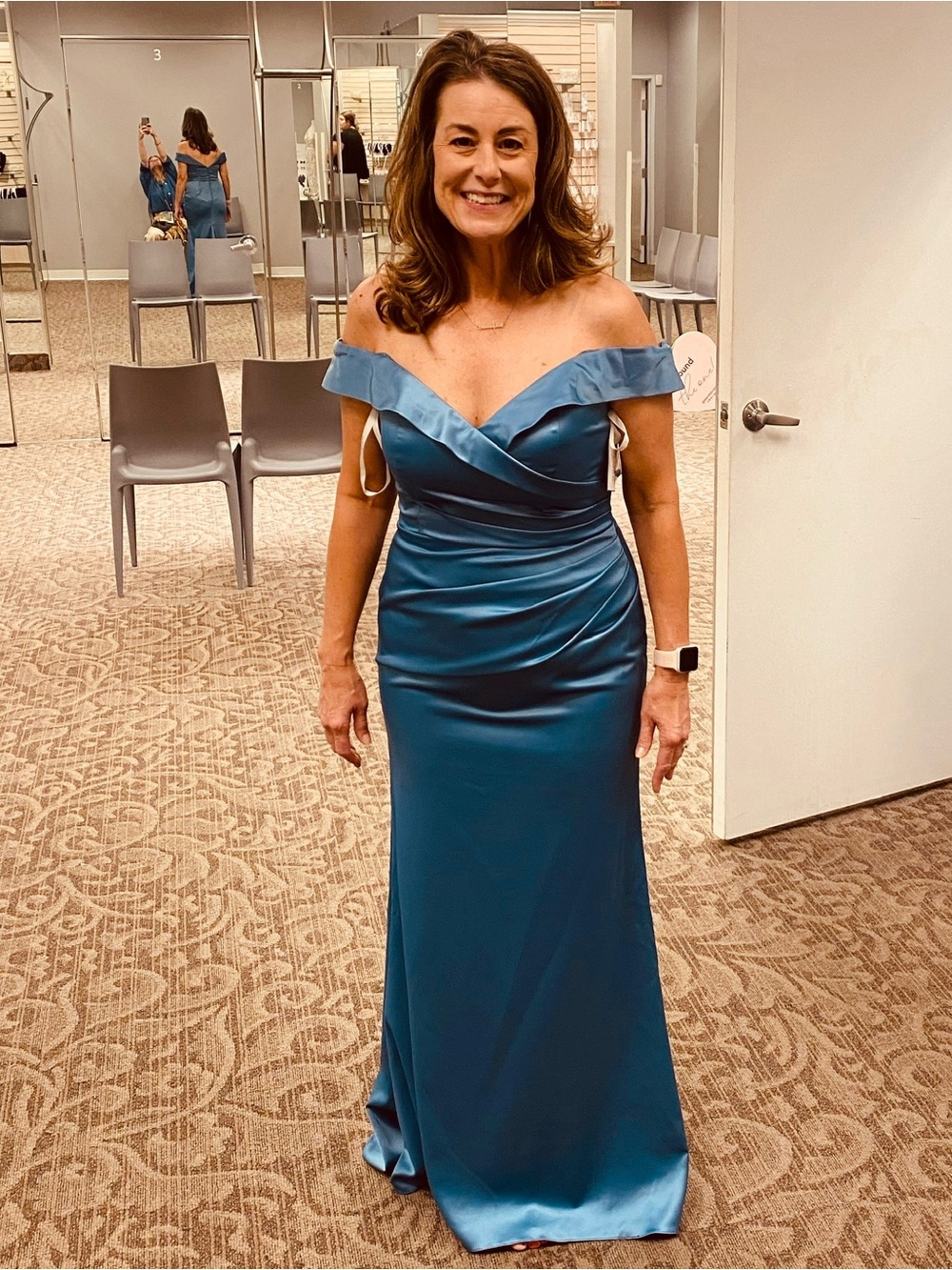 David's Bridal Off-the-Shoulder Satin Maxi Dress in Teal Blue
